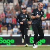 Paul Walter of Manchester Originals celebrates a wicket during the Hundred Eliminator match between Manchester Originals and London Spirit at Ageas Bowl on September 2, 2022 in Southampton, England. (Photo by Mike Hewitt/Getty Images)