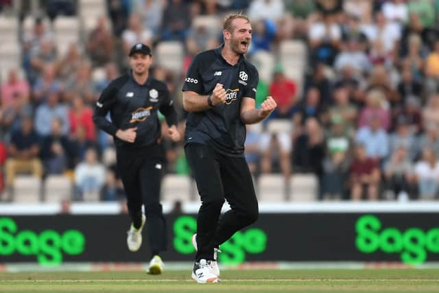 Paul Walter of Manchester Originals celebrates a wicket during the Hundred Eliminator match between Manchester Originals and London Spirit at Ageas Bowl on September 2, 2022 in Southampton, England. (Photo by Mike Hewitt/Getty Images)