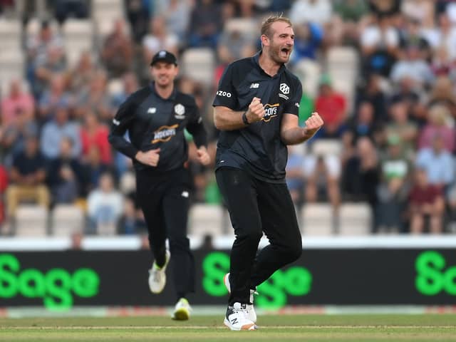 Paul Walter of Manchester Originals celebrates a wicket during the Hundred Eliminator match between Manchester Originals and London Spirit at Ageas Bowl on September 2, 2022 in Southampton, England. (Photo by Mike Hewitt/Getty Images)