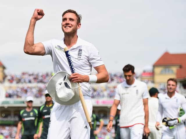 Stuart Broad of England celebrates winning the Ashes during day three of the 4th Investec Ashes Test match between England and Australia at Trent Bridge on August 8, 2015 in Nottingham, United Kingdom. (Photo by Laurence Griffiths/Getty Images)