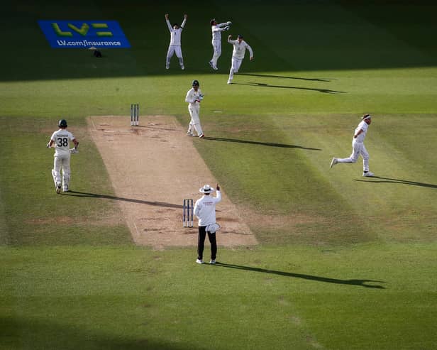 Stuart Broad of England celebrates after taking final the wicket of Alex Carey of Australia to claim victory during Day Five of the LV= Insurance Ashes 5th Test match between England and Australia at The Kia Oval on July 31, 2023 in London, England. (Photo by Ryan Pierse/Getty Images)