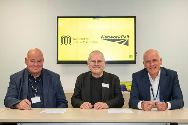 Eamonn Boylan, Chief Executive of TfGM; Lord Hendy, Chair of Network Rail; Steve Warrener, Managing Director of TfGM.