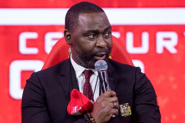 Former football player Andy Cole speaks during a press conference in Bangkok on March 31, 2022, ahead of the "The Match Bangkok Century Cup 2022", a pre-season friendly football match between Manchester United and Liverpool to be held in the Thai capital on July 12. (Photo by Jack TAYLOR / AFP) (Photo by JACK TAYLOR/AFP via Getty Images)