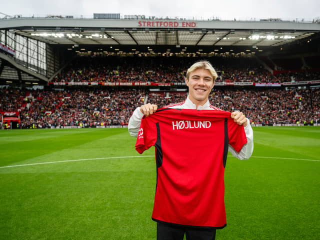 Rasmus Hojlund was unveiled on the Old Trafford pitch ahead of Manchester United vs Lens.