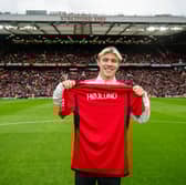 Rasmus Hojlund was unveiled on the Old Trafford pitch ahead of Manchester United vs Lens.