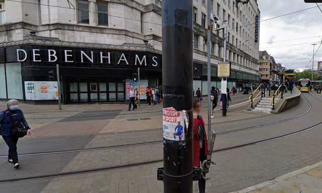 Debenhams and the Market Street tram stop near Piccadilly Gardens