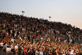 The crowd cheer during the Third Vitality International T20 match between England and Pakistan at Emirates Old Trafford on July 20, 2021 in Manchester, England. (Photo by Gareth Copley/Getty Images)