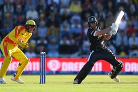 Phil Salt of Manchester Originals bats watched on by Tom Kohler-Cadmore of Trent Rockets during The Hundred match between Trent Rockets Men and Manchester Originals Men at Trent Bridge on August 17, 2023 in Nottingham, England. (Photo by Gareth Copley/Getty Images)