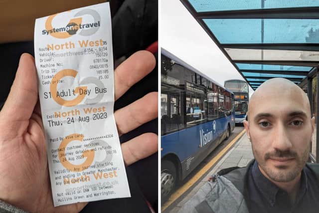 Reporter Joseph Timan waiting for the bus and showing off his ticket