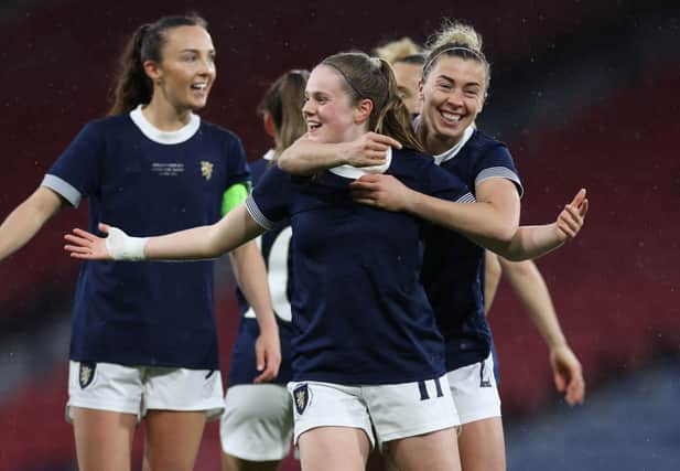 Emma Watson celebrates her goal for Scotland against Costa Rica. Cr: Getty Images