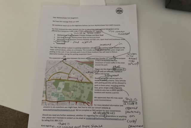 A resident corrects spelling mistakes in a letter from the Live at Wythenshawe Park organisers.
