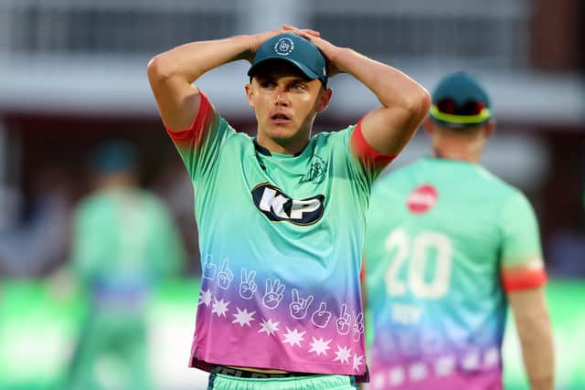 Sam Curran of Oval Invincibles looks dejected during The Hundred Final between Oval Invincibles Men and Manchester Originals Men at Lord's Cricket Ground on August 27, 2023 in London, England. (Photo by Julian Finney/Getty Images)