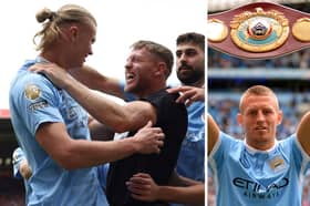 Terry Flanagan celebrates with Erling Haaland and right, with his world title at the Etihad in 2015