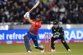 England batsman Dawid Malan hits out watched by wicketkeeper Tim Seifert during the 1st Vitality T20 I match between England and New Zealand at Emirates Riverside on August 30, 2023 in Chester-le-Street, England. (Photo by Stu Forster/Getty Images)