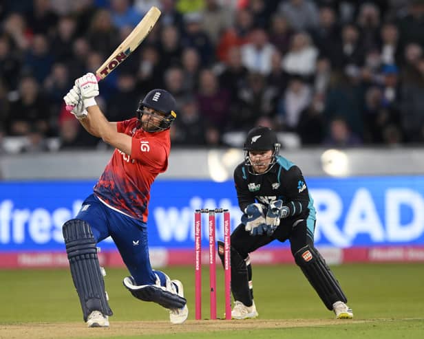 England batsman Dawid Malan hits out watched by wicketkeeper Tim Seifert during the 1st Vitality T20 I match between England and New Zealand at Emirates Riverside on August 30, 2023 in Chester-le-Street, England. (Photo by Stu Forster/Getty Images)