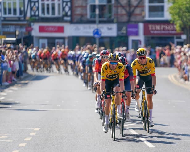 The Peloton Lead by Wout van Aert, Edoardo Affini, Steven Kruijswijk, Olav Kooij, Jos van Emden, Nathan van Hooydonck of Team Jumbo Visma (Photo: Zac Williams/SWpix.com)