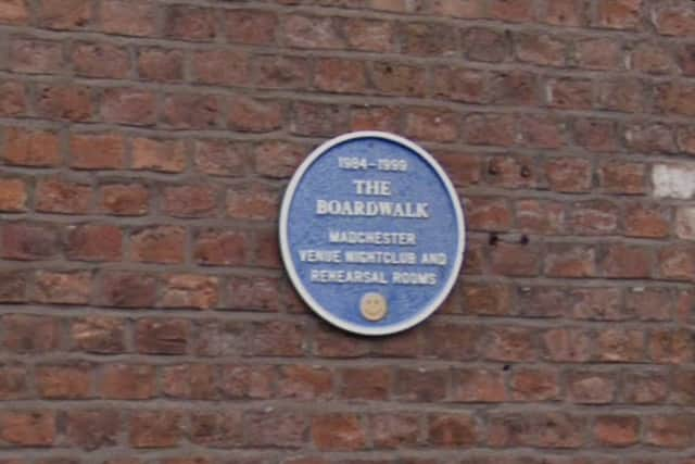 The blue plaque on Little Peter Street commemorating the former Boardwalk club, complete with acid house smiley face. 