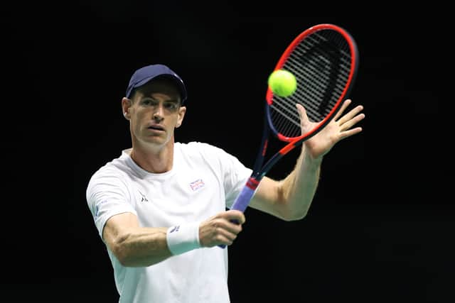 Andy Murray of Great Britain during day one of the 2023 Davis Cup finals group stage match at Manchester at AO Arena on September 12, 2023 in Manchester, England. (Photo by Nathan Stirk/Getty Images for LTA)