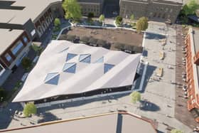 An CGI aerial view of the approved plans for Ashton market square. Credit: Tameside council