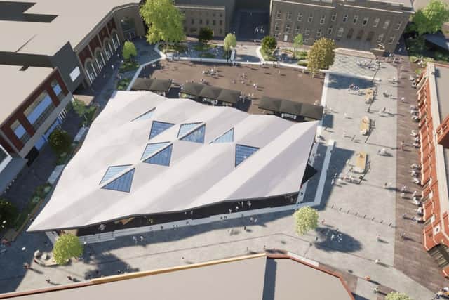 An CGI aerial view of the approved plans for Ashton market square. Credit: Tameside council