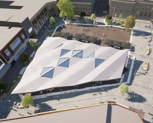 An CGI aerial view of the approved plans for Ashton market square. Credit: Tameside council