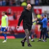 Erik ten Hag, Manager of Manchester United, looks dejected following defeat after the Premier League match between Manchester United and Brighton & Hove Albion at Old Trafford on September 16, 2023 in Manchester, England. (Photo by Michael Regan/Getty Images)
