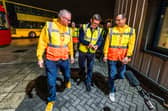 Andy Burnham, centre, saw off the first Bee Network bus in Bolton on Sunday morning