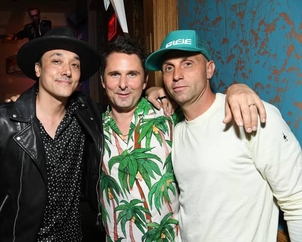 (L-R) Jonnie Houston, Matt Bellamy of Muse and guest attend Level 8 Grand Opening Party At Moxy Downtown LA on September 13, 2023 in Los Angeles, California. (Photo by Jon Kopaloff/Getty Images for Level 8)