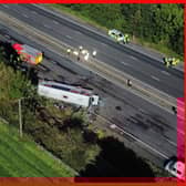 Emergency services at the scene of a coach crash on the M53 motorway, between junction 5 at Ellesmere Port and junction 4 at Bebbington. 