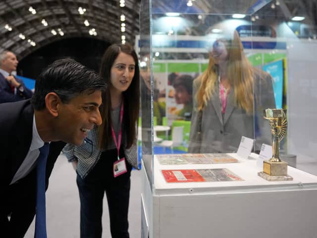 Britain's Prime Minister Rishi Sunak tours the Exhibitor's Hall on day 3 of the Conservative Party Conference in Manchester, northern England, on October 3, 2023. (Photo by Carl Court / POOL / AFP) (Photo by CARL COURT/POOL/AFP via Getty Images)