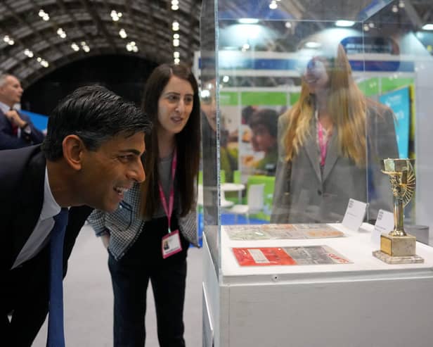 Britain's Prime Minister Rishi Sunak tours the Exhibitor's Hall on day 3 of the Conservative Party Conference in Manchester, northern England, on October 3, 2023. (Photo by Carl Court / POOL / AFP) (Photo by CARL COURT/POOL/AFP via Getty Images)