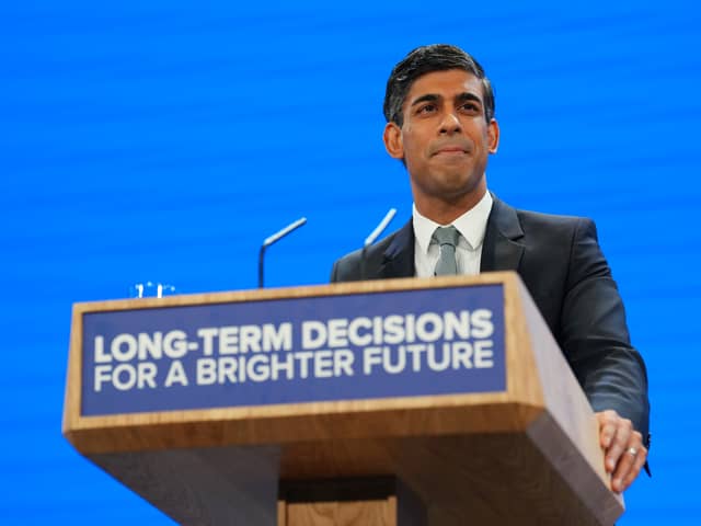 Prime Minister Rishi Sunak speaks during the final day of the Conservative Party Conference on October 4, 2023 in Manchester, England. Rishi Sunak delivers his first speech as Conservative Party Leader to members and delegates today. He is expected to announce the scrapping of the Manchester leg of the HS2 rail link and suggests alternatives. (Photo by Carl Court/Getty Images)