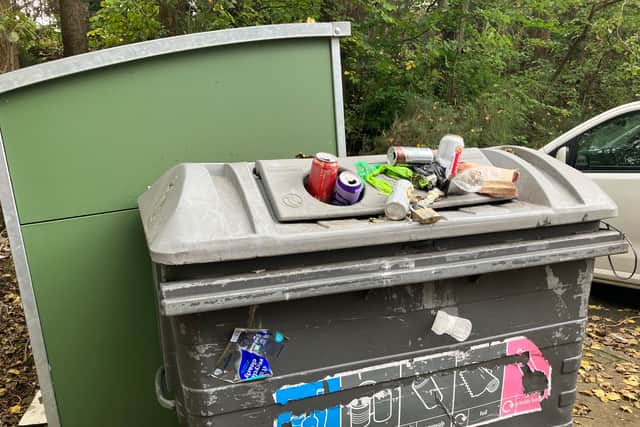 An overflowing bin at the Lancashire Hill estate.