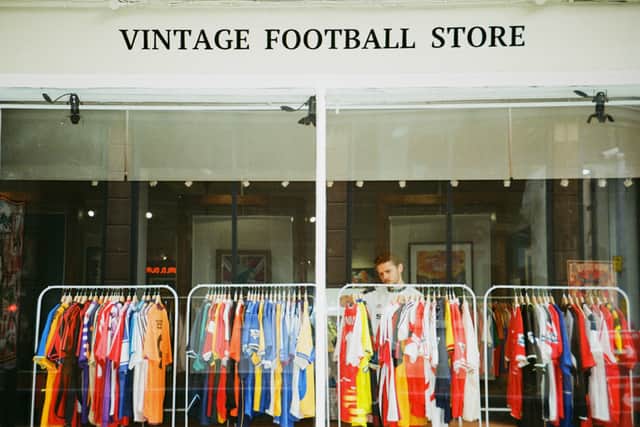 Manchester’s new vintage football shirt shop Stunner, owned by Ukrainians Serge and Polina.