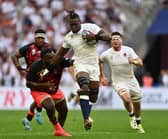 Maro Itoje of England breaks through the tackle of Luke Tagi of Fiji during the Rugby World Cup France 2023 Quarter Final match between England and Fiji at Stade Velodrome on October 15, 2023 in Marseille, France. (Photo by Dan Mullan/Getty Images)