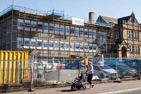 A general view of scaffolding at Balbardie Primary School on September 04, 2023 in Bathgate, Scotland, after its buildings were found to contain RAAC. Credit: Getty Images