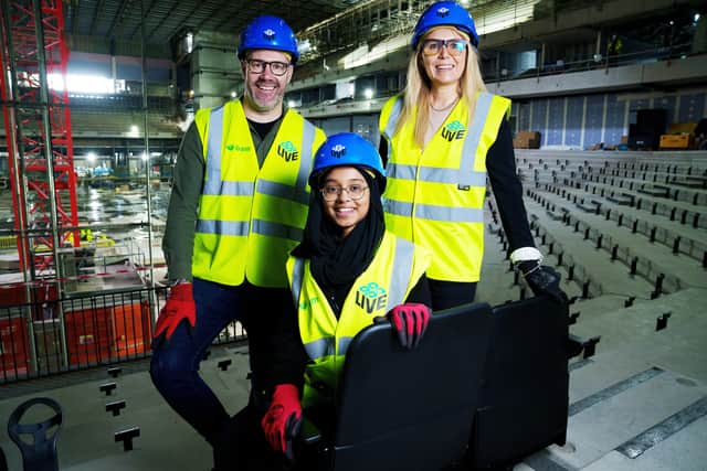 Gary Roden, Executive Director and General Manager, Co-op Live, Binesh Syed Qureshi and Amanda Jennings, Director of Marketing Communications, Co-op instaling seats at Co-op Live (Phoot: Co-op Live) 