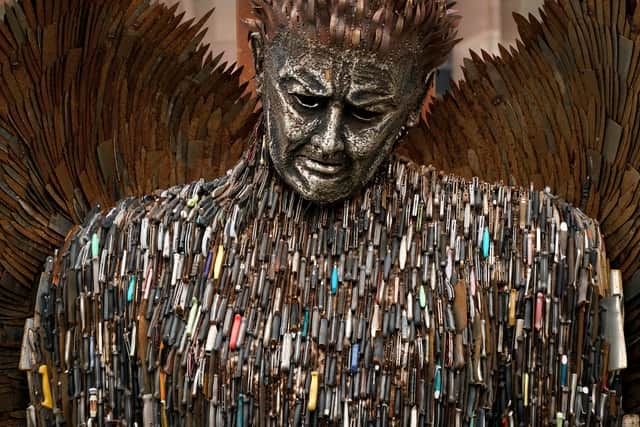 A detail from The Knife Angel sculpture outside Coventry Cathedral on March 14, 2019 in Coventry