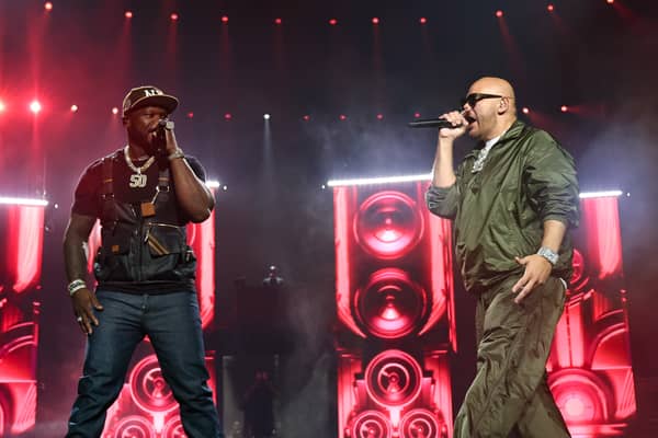 50 Cent and Fat Joe perform onstage during the 50 Cent: The Final Lap Tour at Barclays Center on August 10, 2023 in New York City. (Photo by Jamie McCarthy/Getty Images)