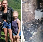 Kelly Feaviour and her daughters, and the burned-out tumble dryer Picture SWNS 