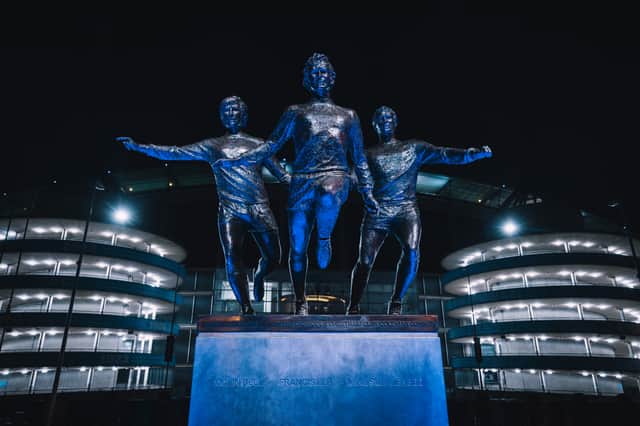 Manchester United unveil their statue of Colin Bell, Francis Lee and Mike Summerbee.