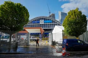 Security fencing is erected around the Midland Hotel and Manchester Central conference centre as the build up for the Conservative Party Conference 