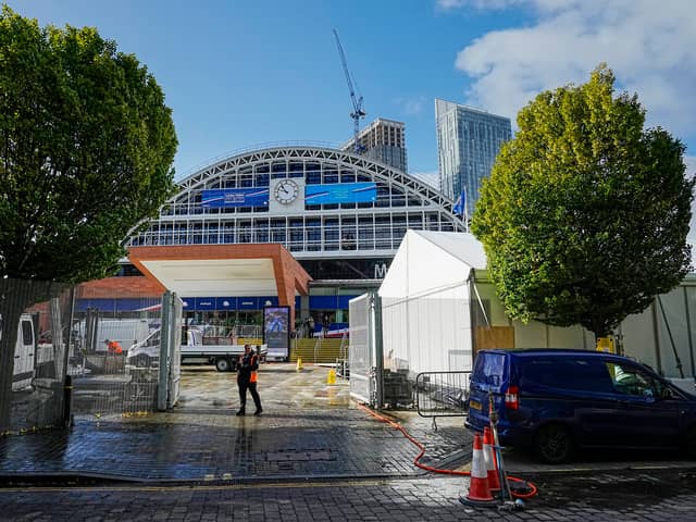 Security fencing is erected around the Midland Hotel and Manchester Central conference centre as the build up for the Conservative Party Conference 