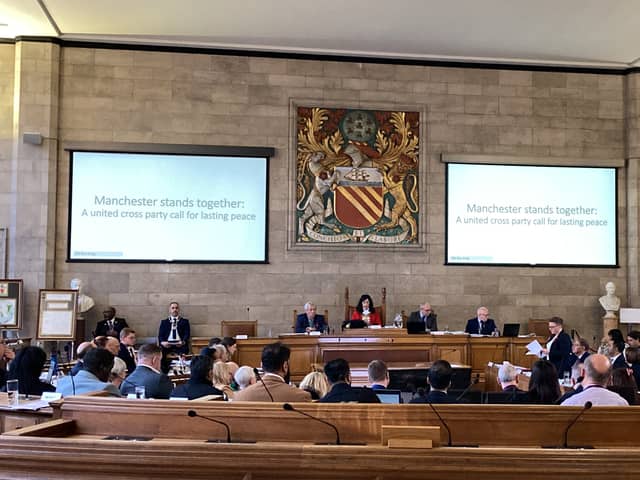 Calls for peace in Gaza at Manchester full council. Uploaded by George Lythgoe. Credit: LDRS