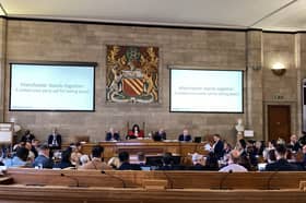 Calls for peace in Gaza at Manchester full council. Uploaded by George Lythgoe. Credit: LDRS