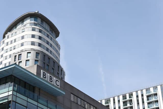 A picture shows a general view of the BBC Studios at the MediaCityUK complex in Salford, Greater Manchester, northwest England