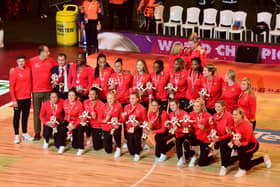 The England team during the Netball World Cup Medal Presentation at Cape Town International Convention Centre, Court 1 on August 06, 2023 in Cape Town, South Africa. (Photo by Grant Pitcher/Gallo Images/Netball World Cup 2023)