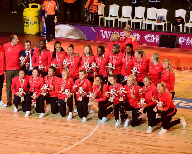 The England team during the Netball World Cup Medal Presentation at Cape Town International Convention Centre, Court 1 on August 06, 2023 in Cape Town, South Africa. (Photo by Grant Pitcher/Gallo Images/Netball World Cup 2023)