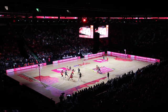 A general view of play during the Vitality Netball International Series match between England and South Africa at AO Arena on December 05, 2023 in Manchester, England. (Photo by Jan Kruger/Getty Images for England Netball)