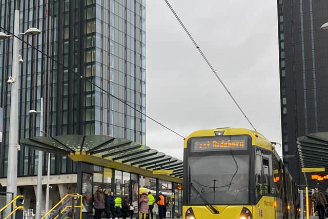A Metrolink tram at the Deansgate-Castlefield stop (Photo: ManchesterWorld) 
